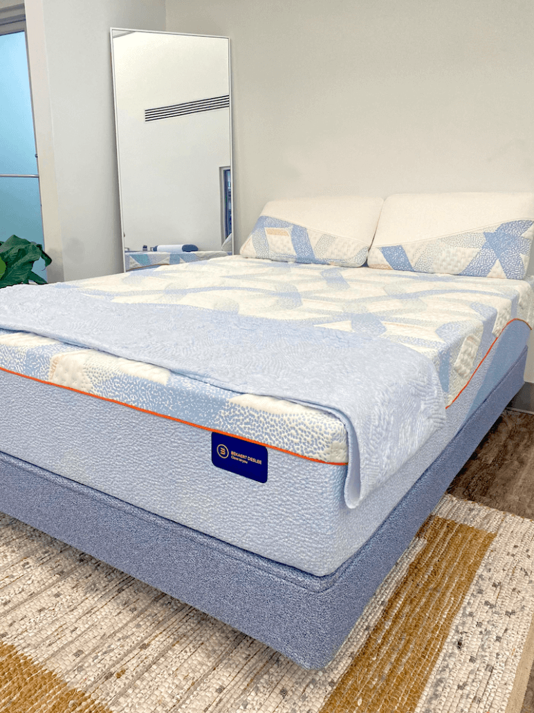 BekaertDeslee showroom innovation textiles. The colors of this Beauty Sleep cover, made with silk and Tencel, instill a sense of peace and tranquility.