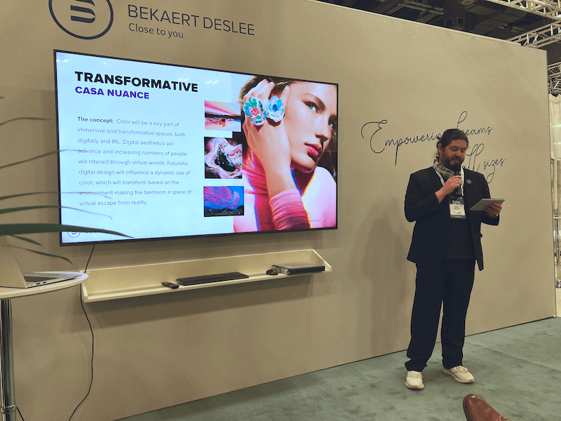 Sergio Vega Perry, a lead designer for BekaertDeslee Canada, gave a presentation on the Casa Nuance collection at ISPA EXPO 2024.