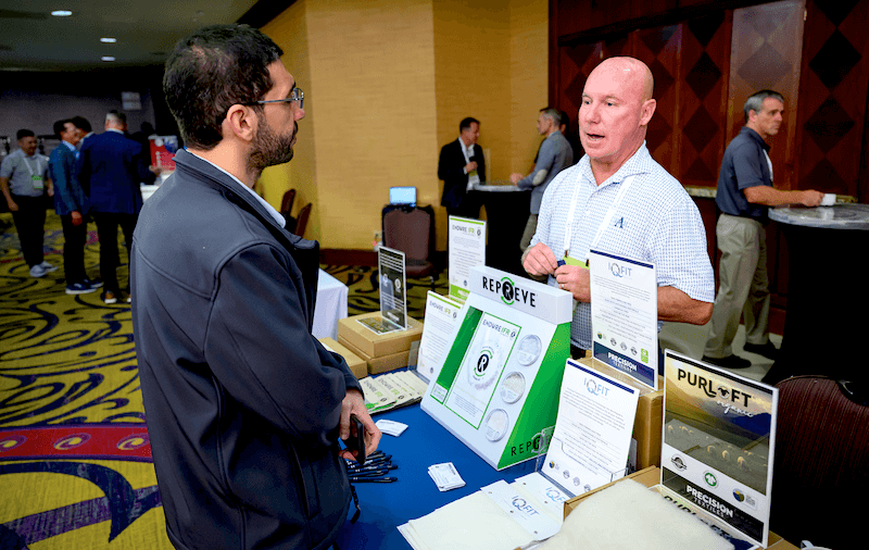 Uncovering the best sustainability strategies. Bob O’Connell of Precision Textiles LLC explained the supplier’s offerings at a tabletop display.