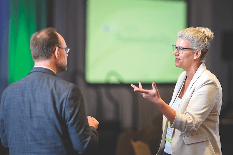 Uncovering the best sustainability strategies. Kylie Roberts-Frost of the Australian Bedding Stewardship Council, right, 
and Joe Lowery of Carpenter Co.
