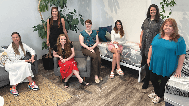 BekaertDeslee’s U.S. team of designers include (from left): An Feys, cover design manager; Charlene Vas, director of marketing and design for BekaertDeslee North America; designers Allison Silverman, Lisa Bledsoe and Jess Butler; Kara Pruitt, lead designer; and Michelle Owens, design support specialist.