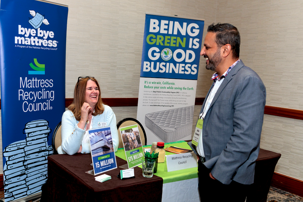 Mattress Circular Economy: ISPA Sustainability Conference. MRC’s Justine Fallon and Alim Sunderji of Sleeptronics Sleep Products share a laugh.
