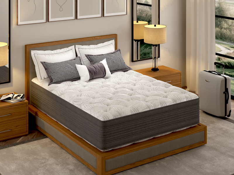 hospitality mattress market trends. Many of Restonic’s hospitality customers prefer double-sided mattresses, such as this 14-inch knit-cover unit that can be flipped. 